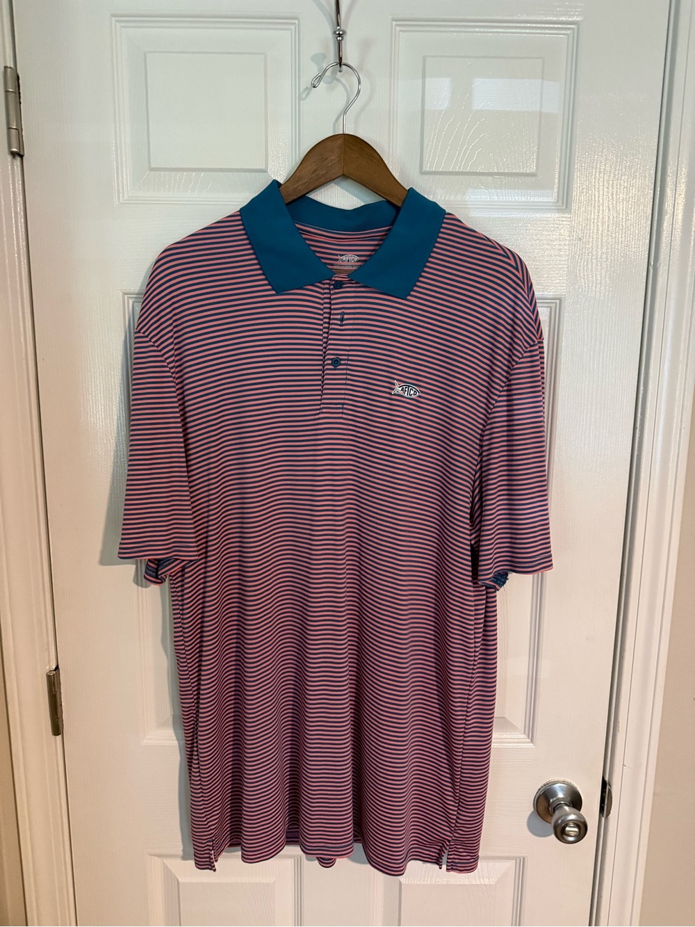 AFTCO Pink & Teal Striped Polo